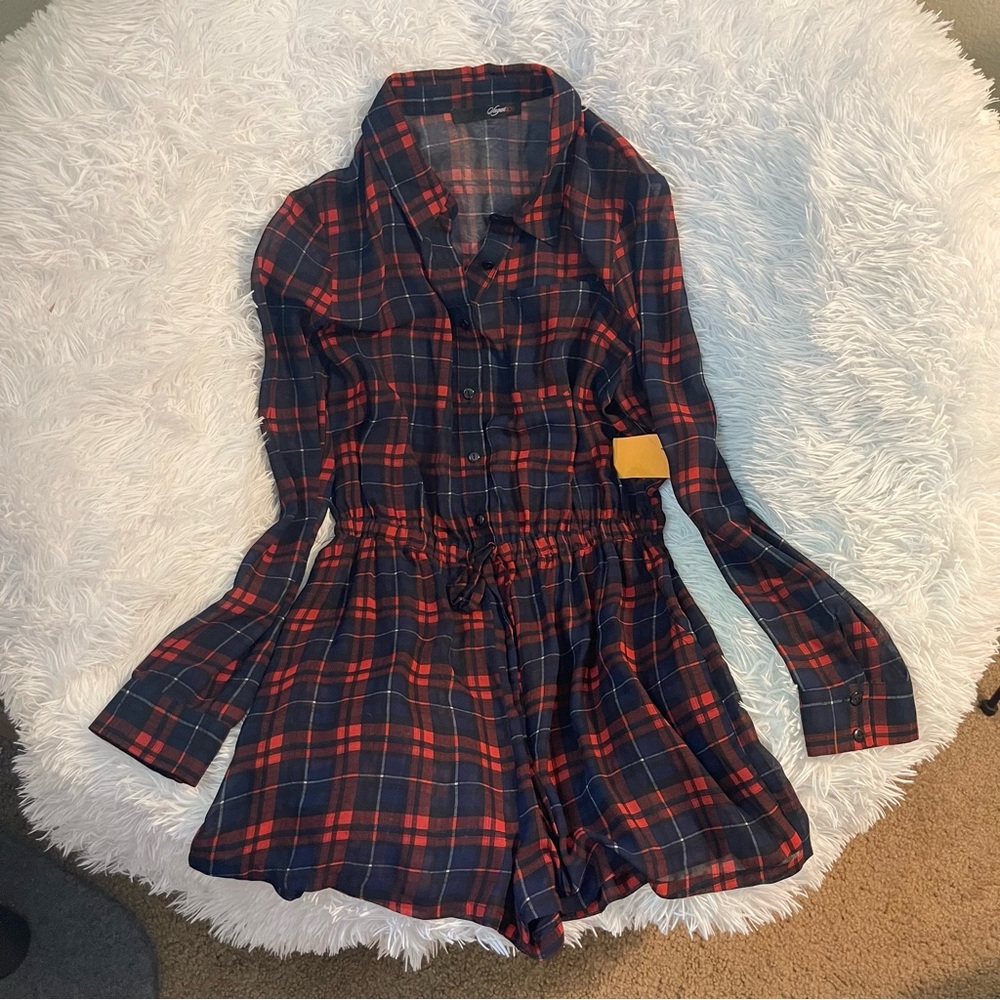 Cute sheer button up beach cover up plaid flannel romper